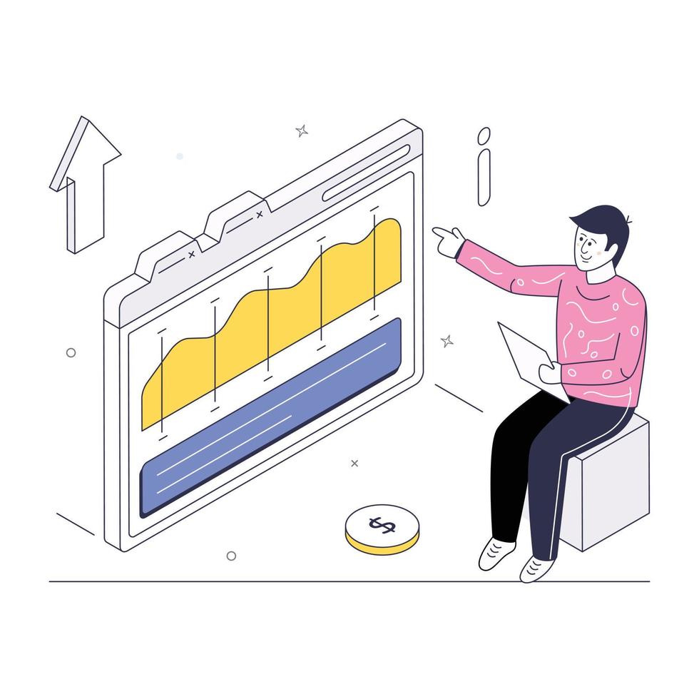 Person monitoring data chart, isometric illustration of web analytics vector