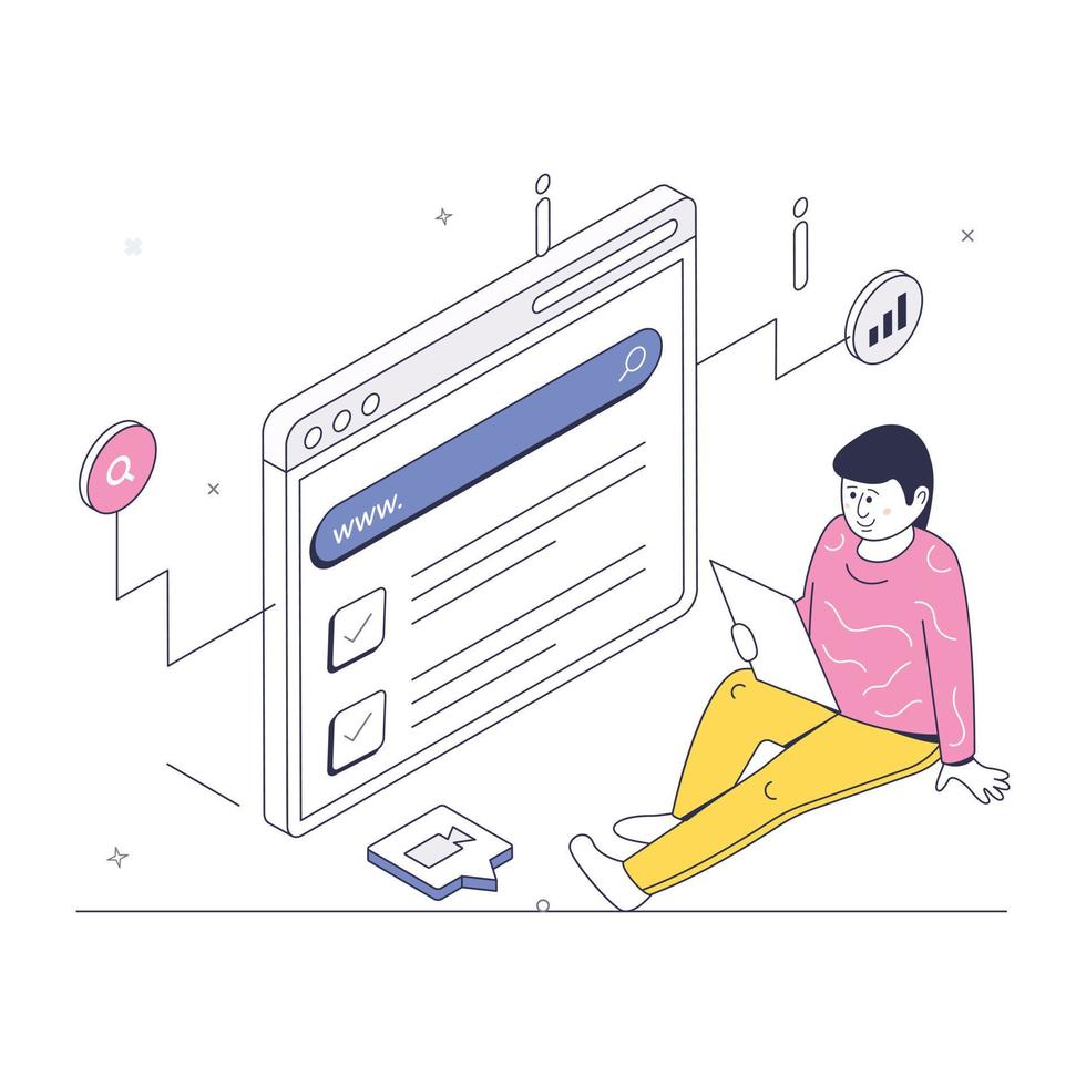 Person doing online search, isometric illustration of browsing vector