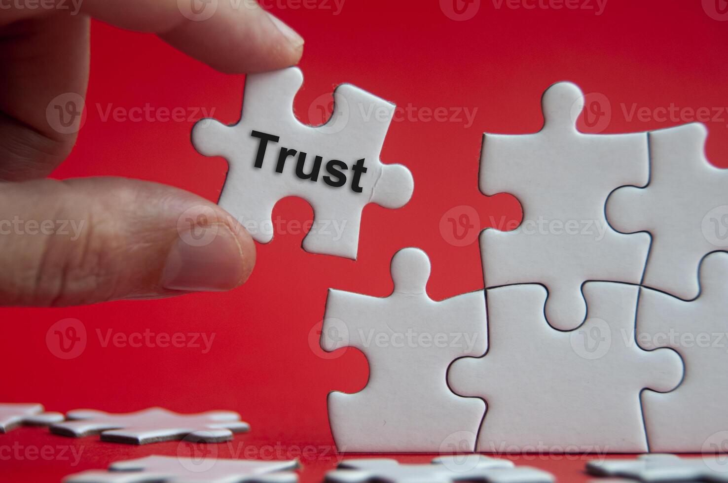 Trust text on jigsaw puzzle with red background - Working relationship and trust concept photo