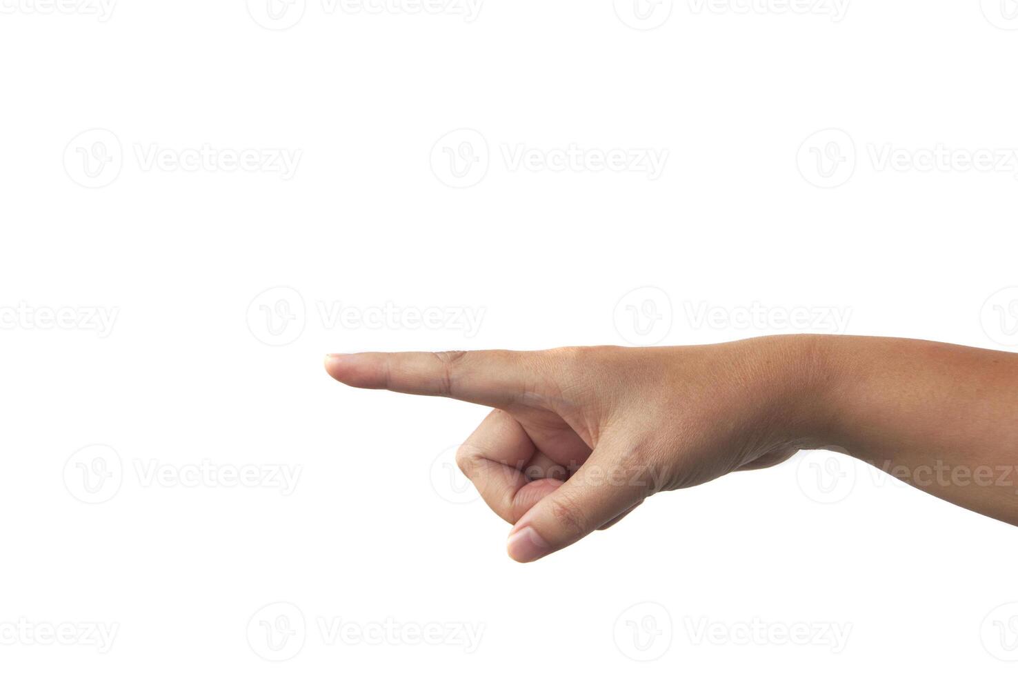 Women hand pointing to a direction with white background. Direction photo