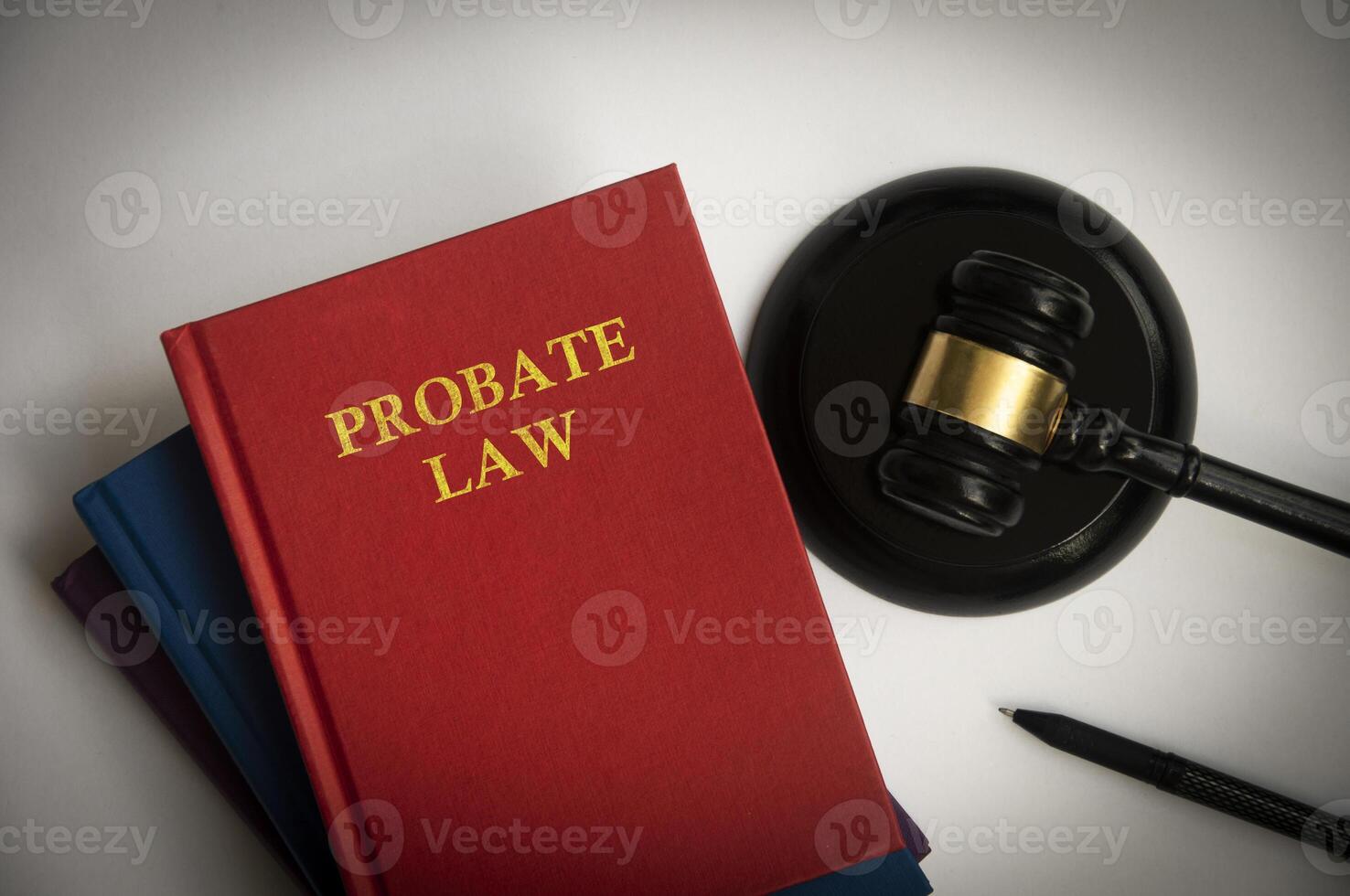 Top view of probate law book with gavel on white background. photo