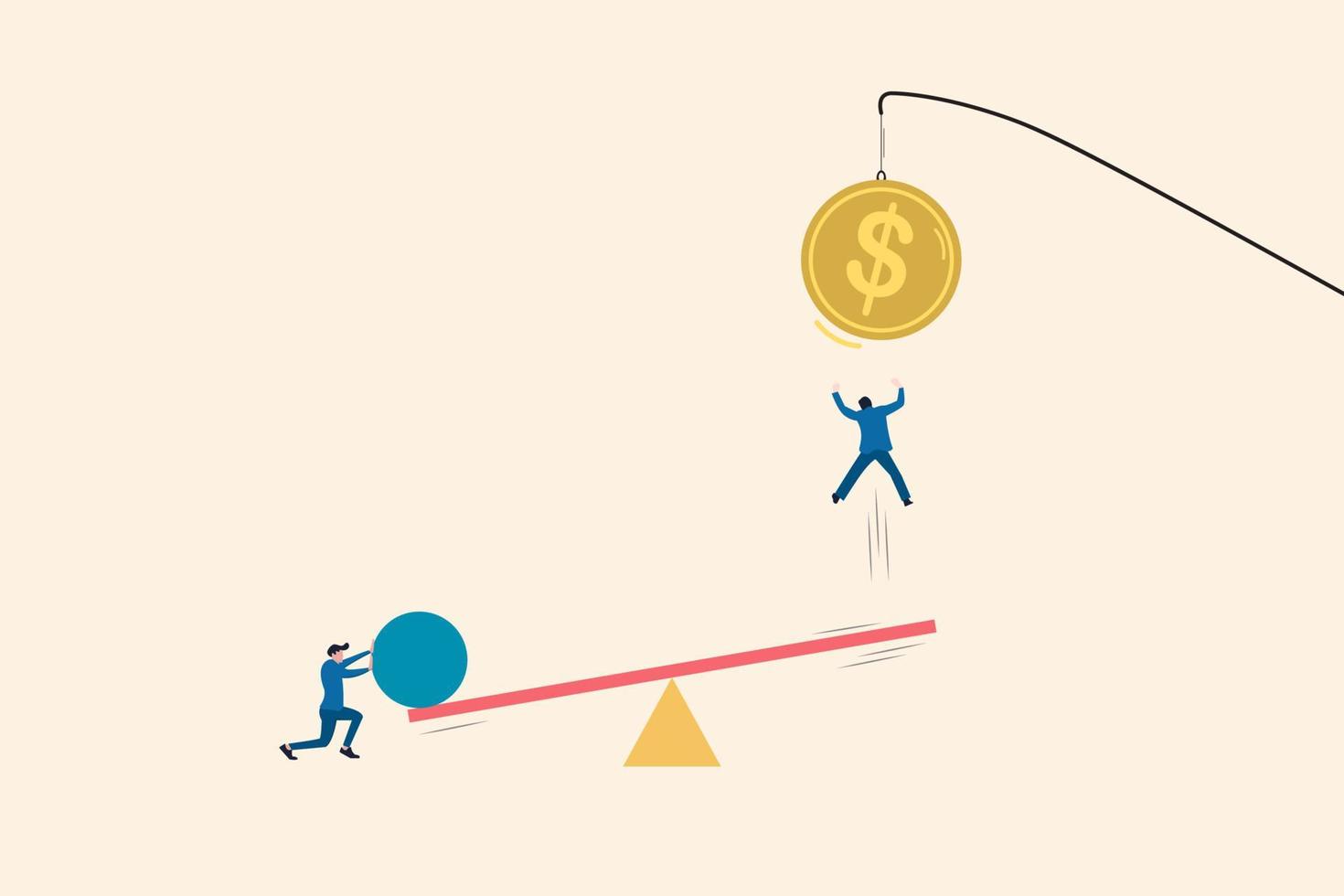 Business teamwork jumping on the seesaw to reach the dollar currency hanging in the sky. stock illustration vector