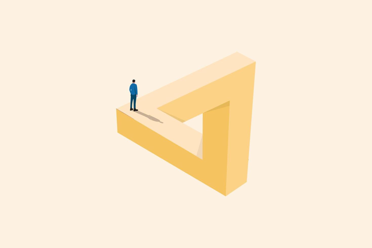 Businessman walking on on Penrose triangle. Symbol of challenge, success, cooperation. vector