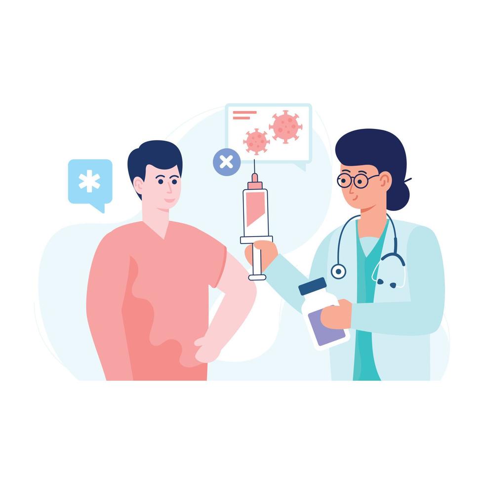 Doctor giving a injection to patient, flat illustration of vaccination vector