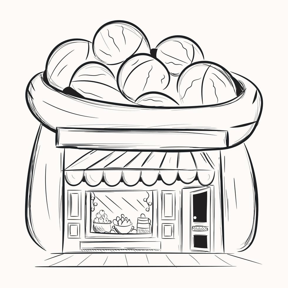 A scalable hand drawn illustration of nuts shop vector