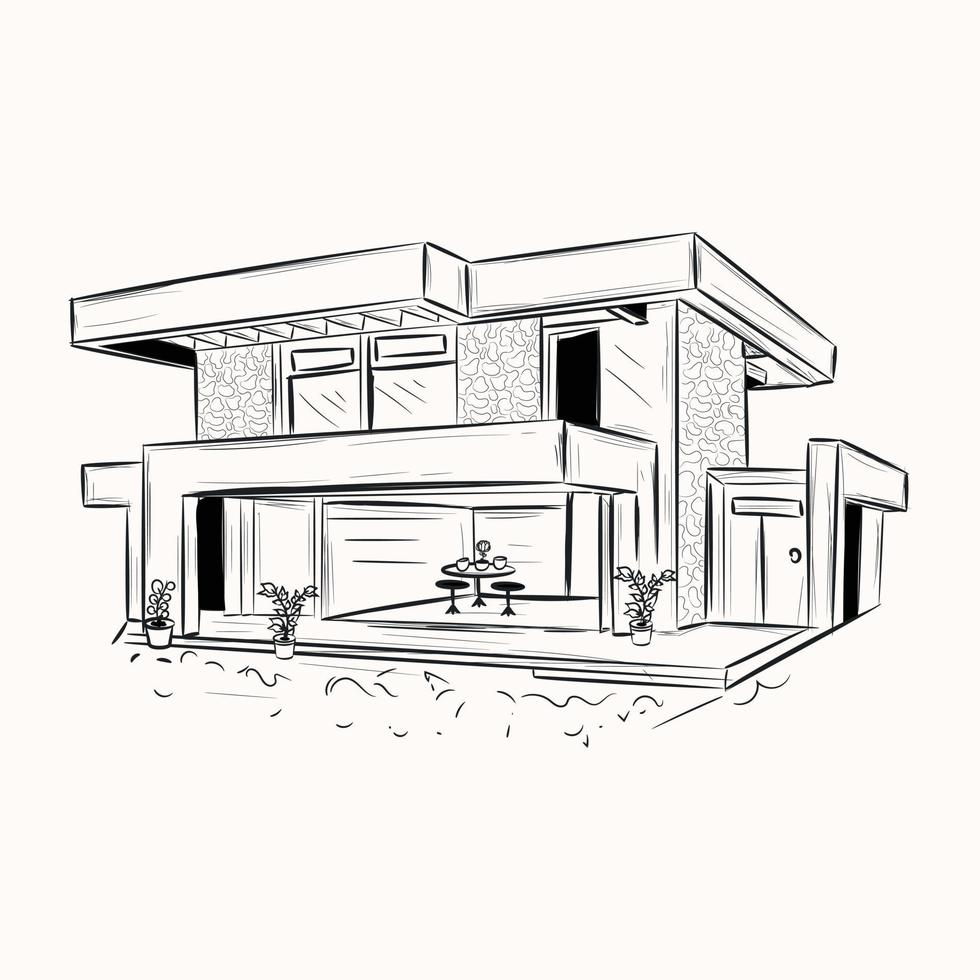 Get hold of this hand drawn illustration of modern home vector