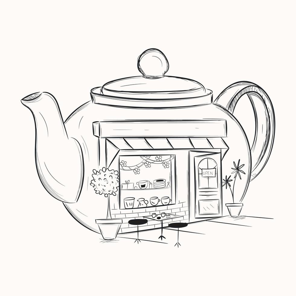 ilustración moderna dibujada a mano de la tienda de té vector