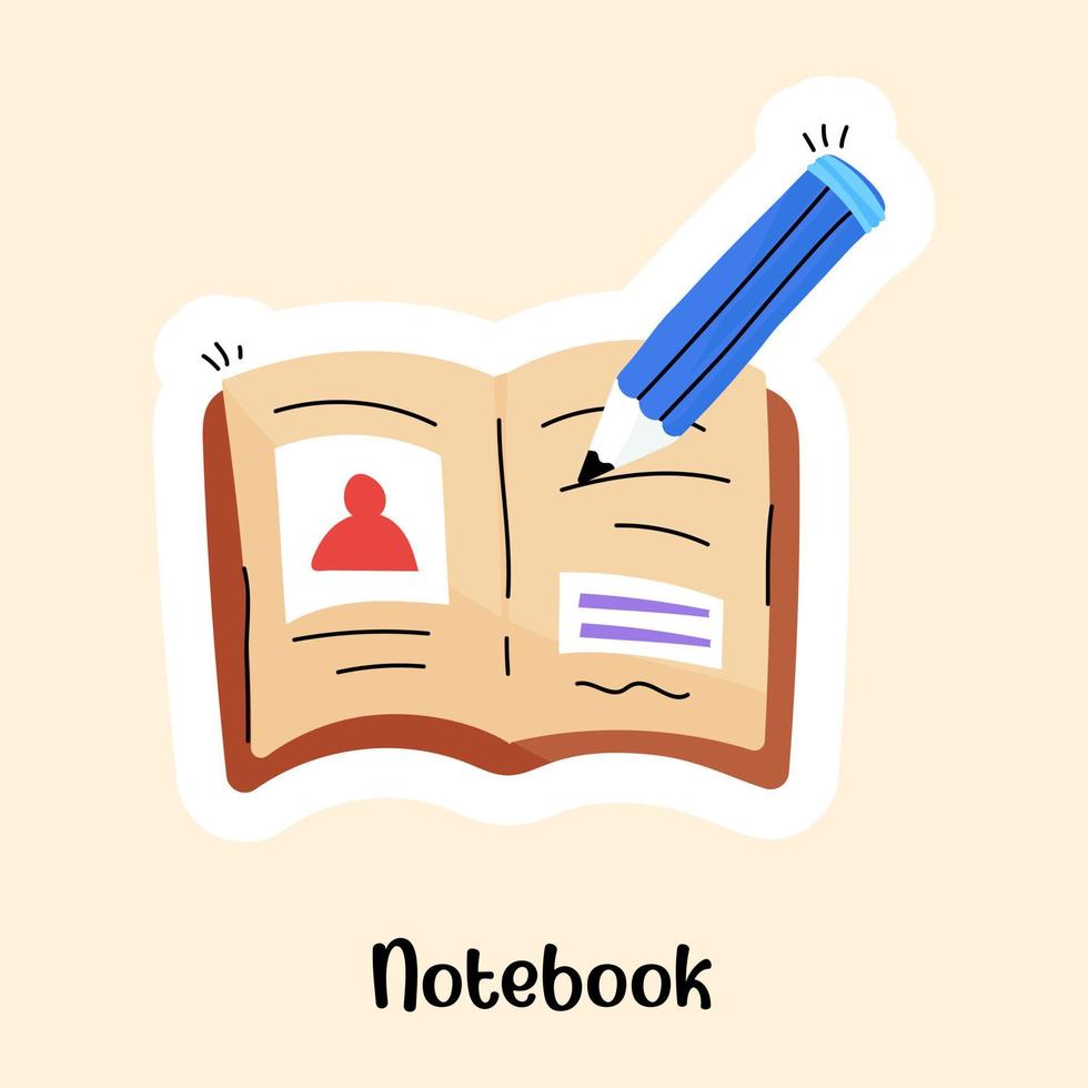 Book with pencil, flat sticker of notebook vector