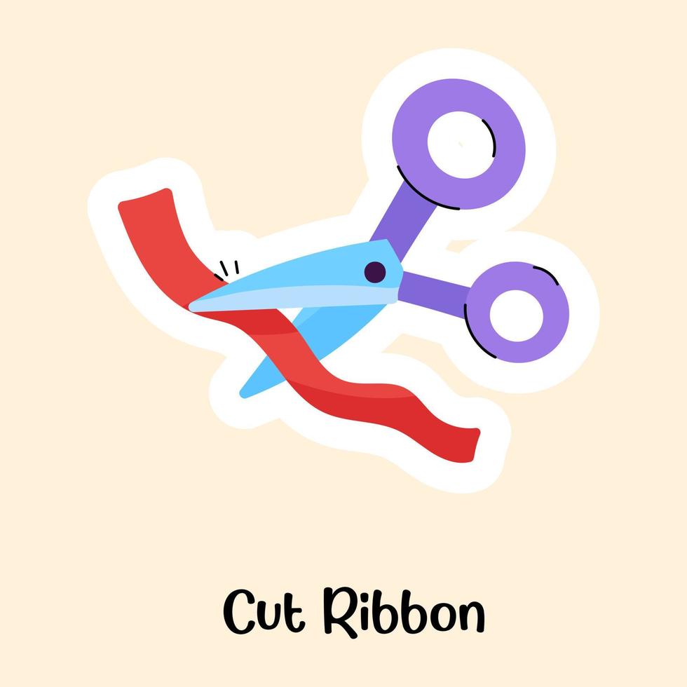 Opening ceremony, flat sticker of cut ribbon vector