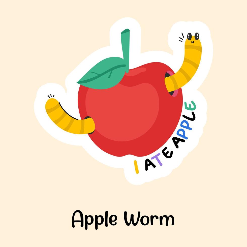 Rotten fruit, flat sticker of apple worm vector