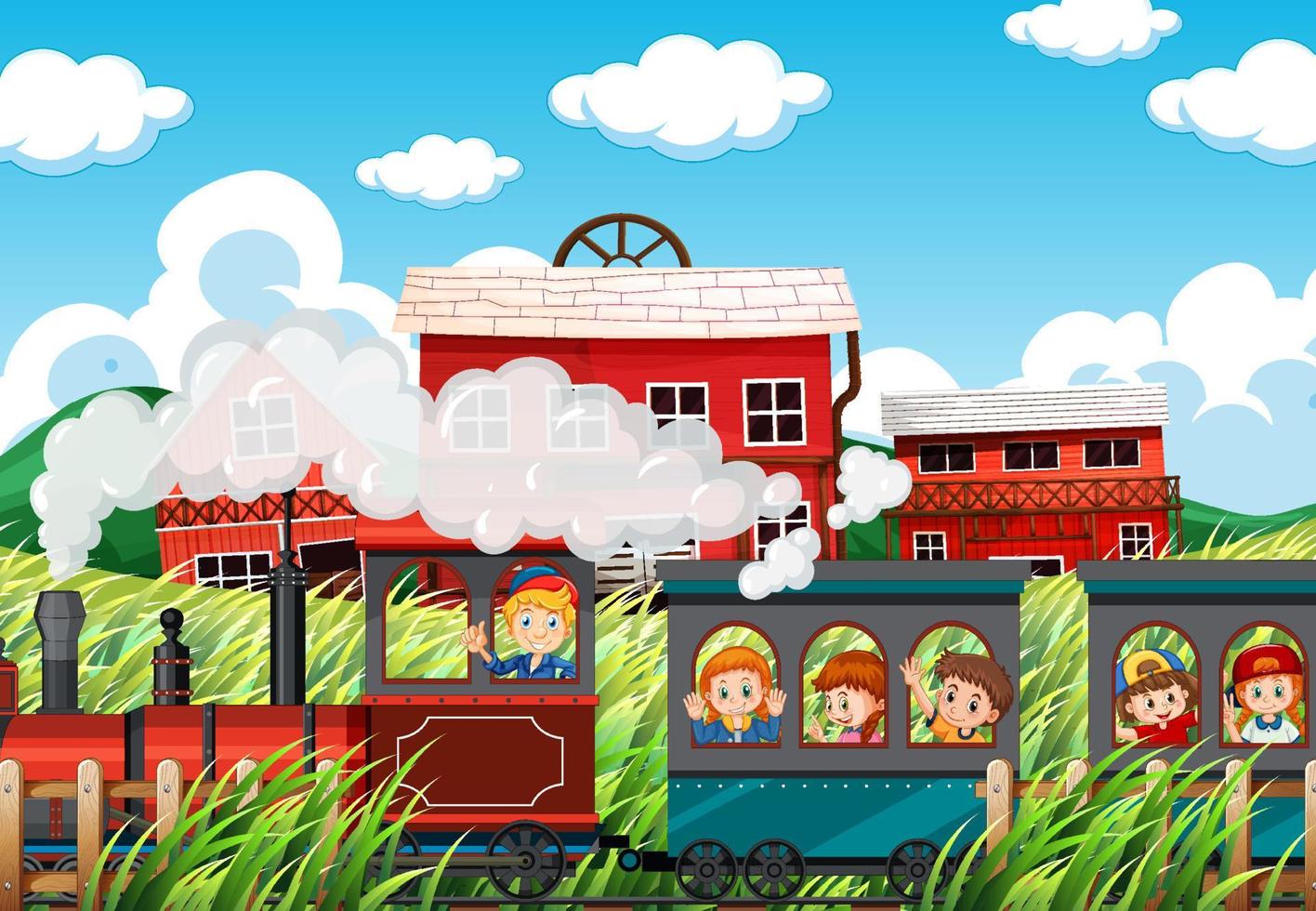 Train riding with children in countryside vector