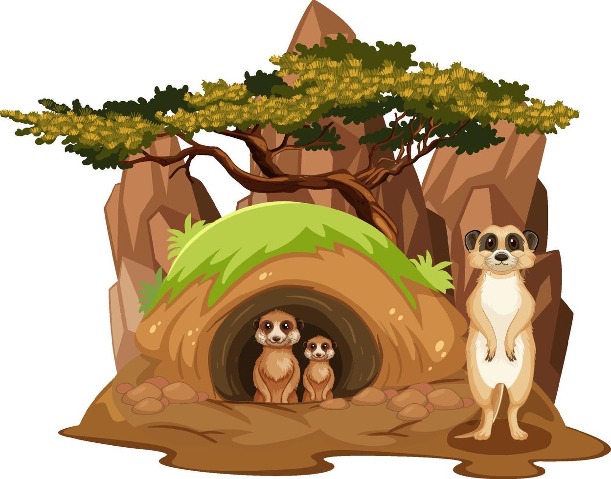 Group of meerkats with burrow in cartoon style vector