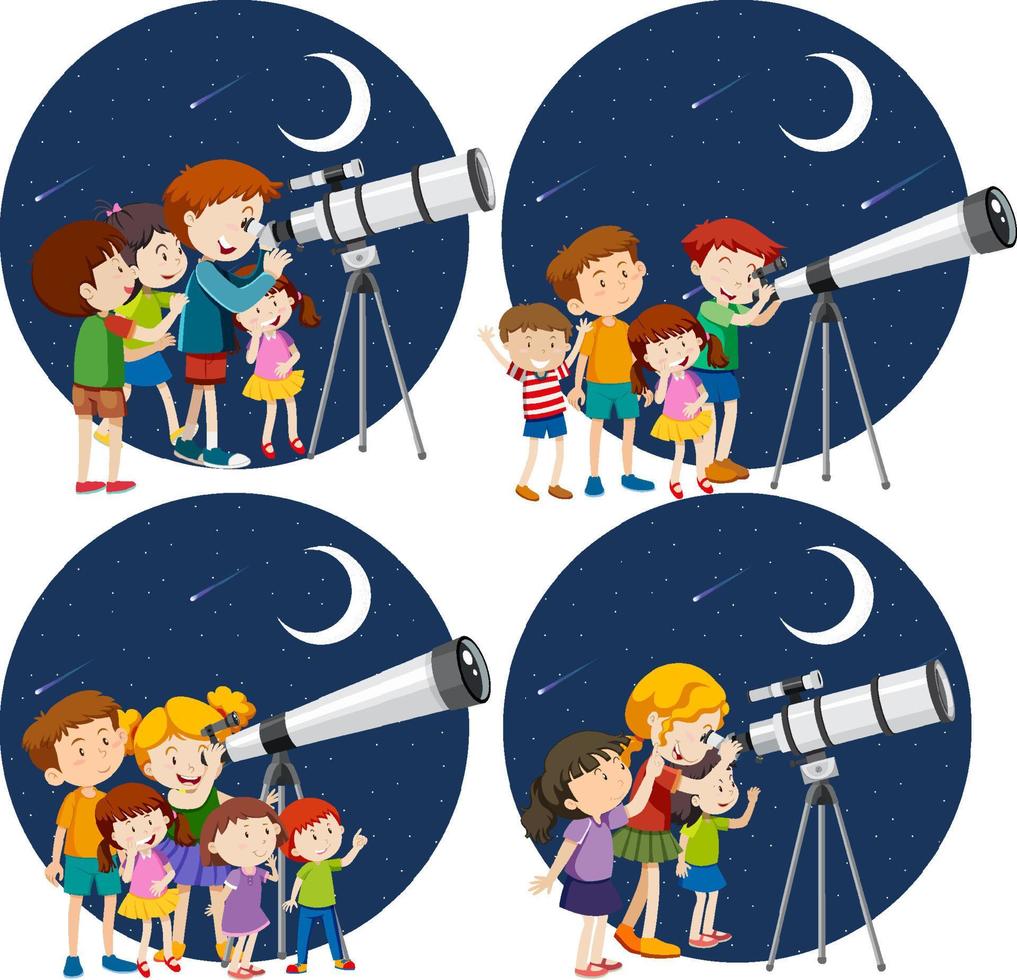 Set of different kids looking through telescope at night vector