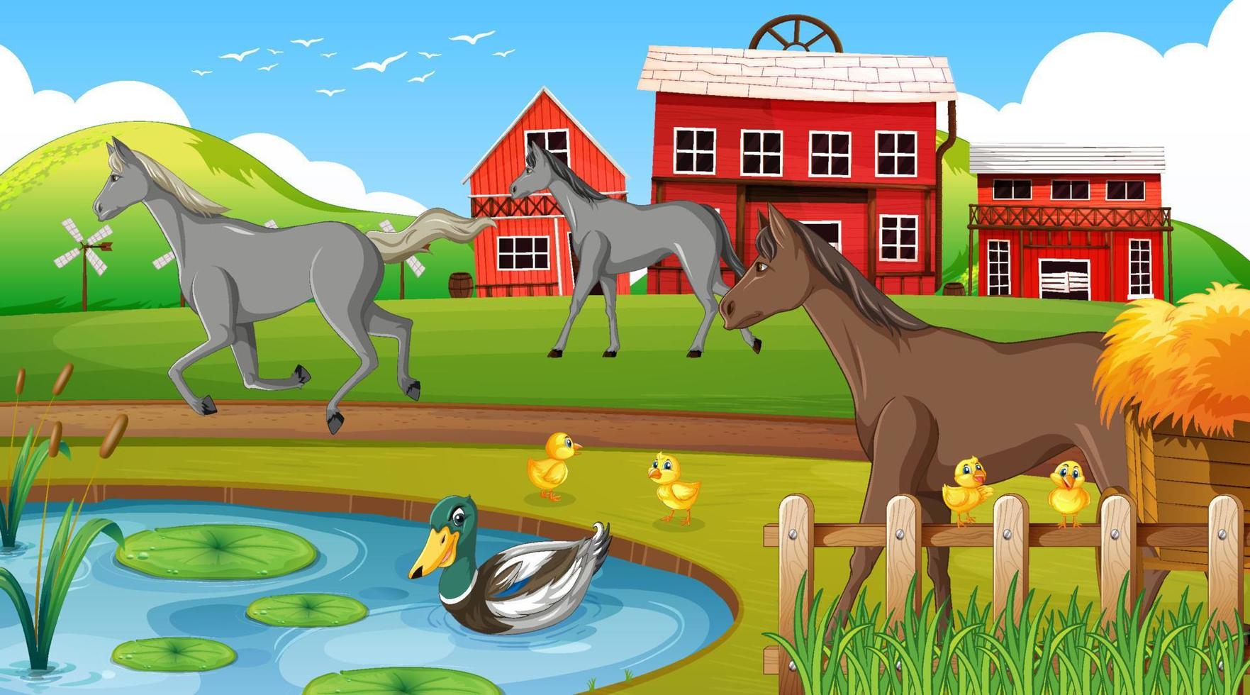 Scene with horses in the farm vector