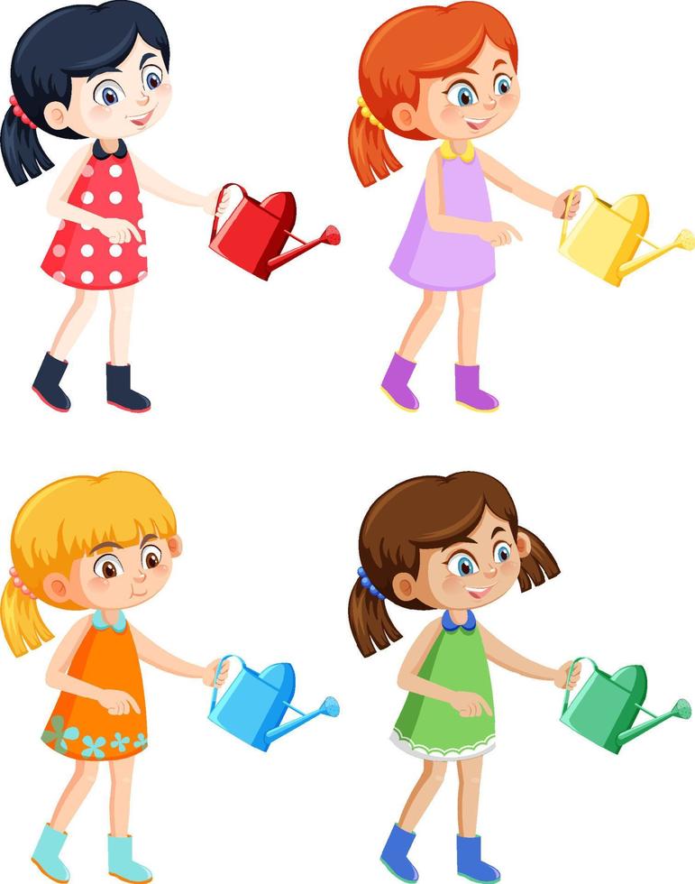 Set of different four girls holding watering can vector