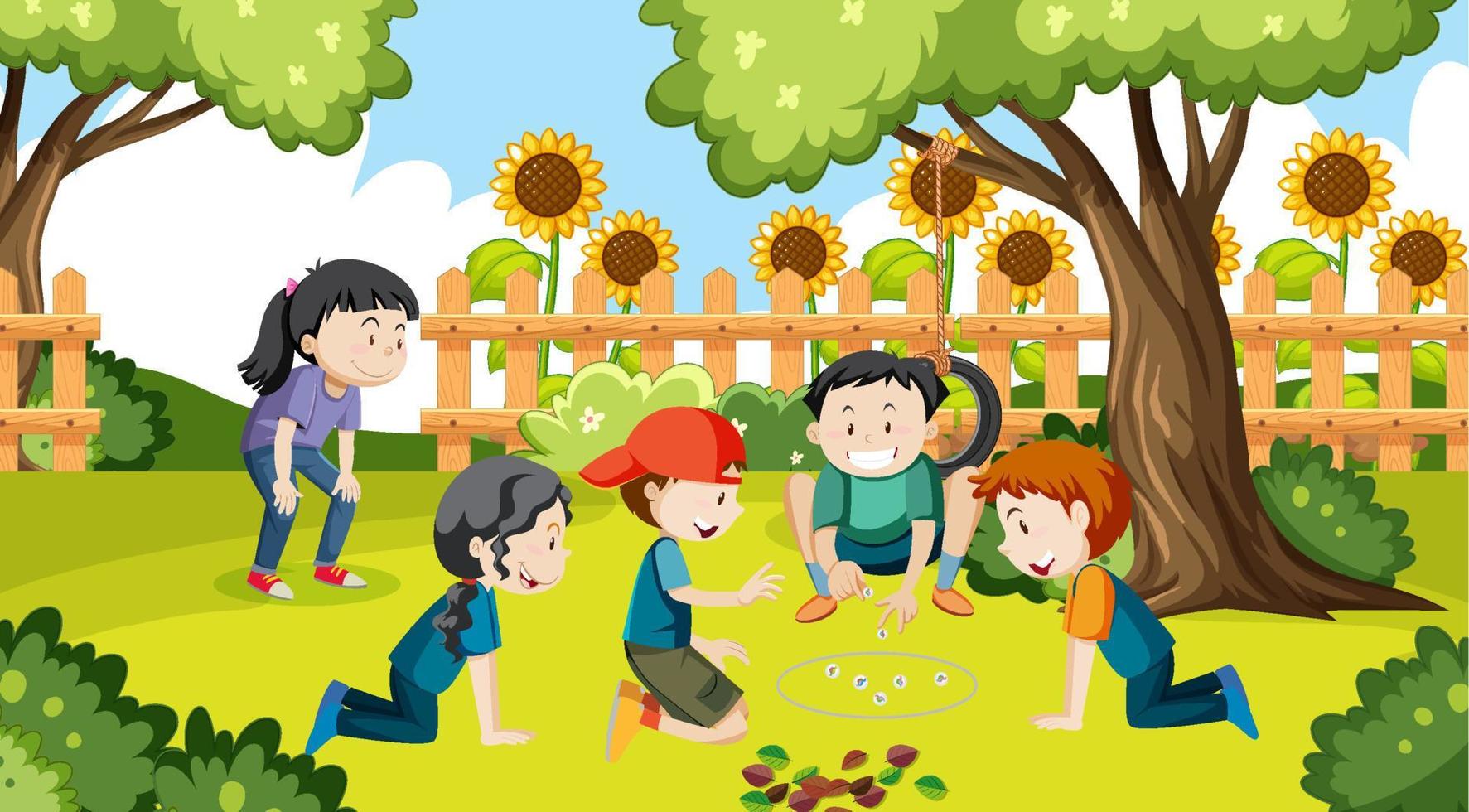 niños jugando piedras jack en el parque vector