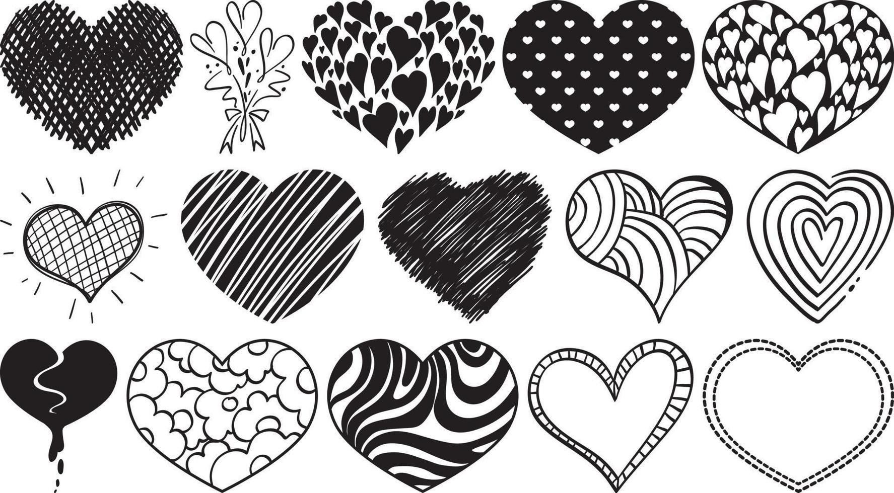 conjunto de corazones dibujados a mano negra vector