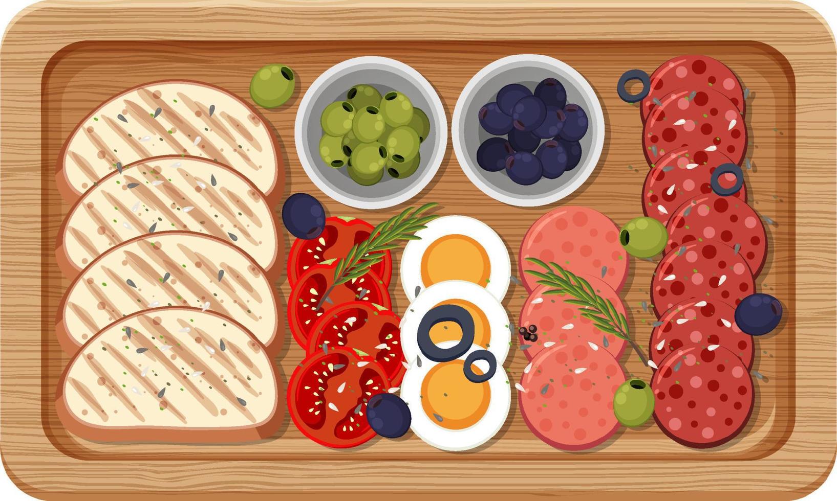 Top view of lunch meat on a wooden tray vector
