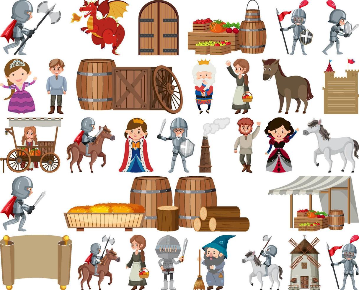 Medieval characters buildings set vector