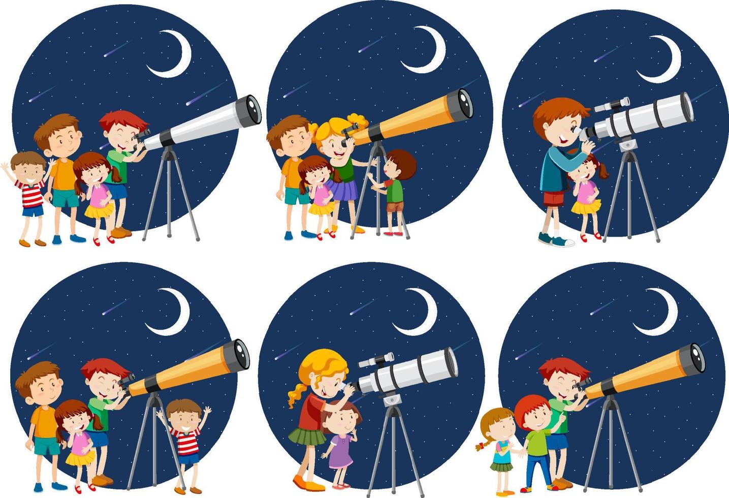 Set of different kids looking through telescope at night vector