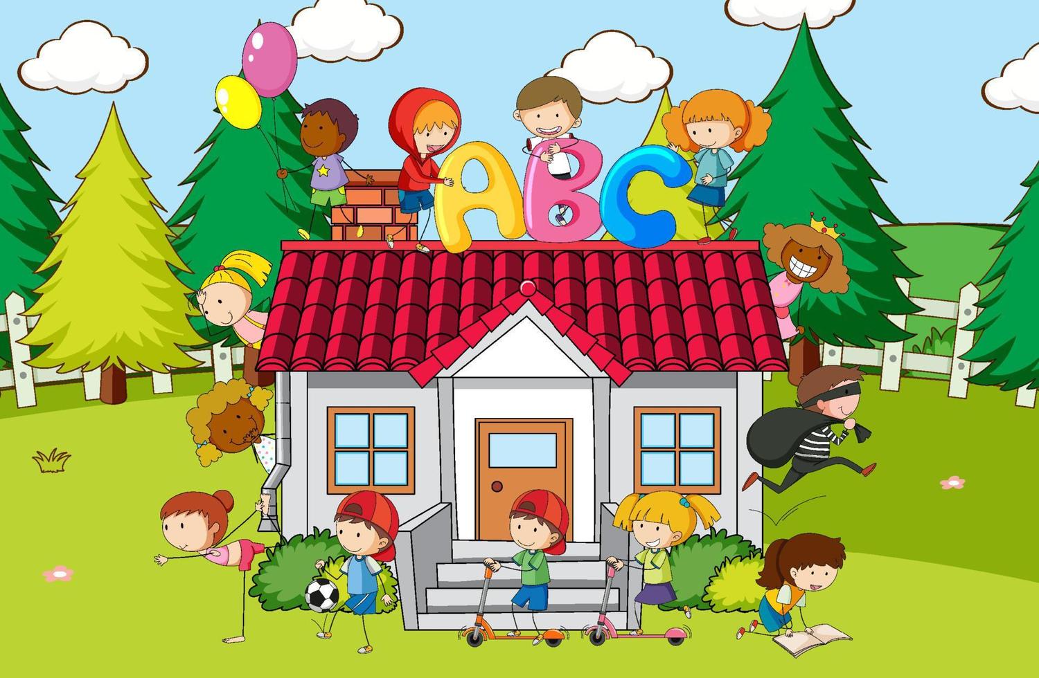 Scene with many kids playing at home vector