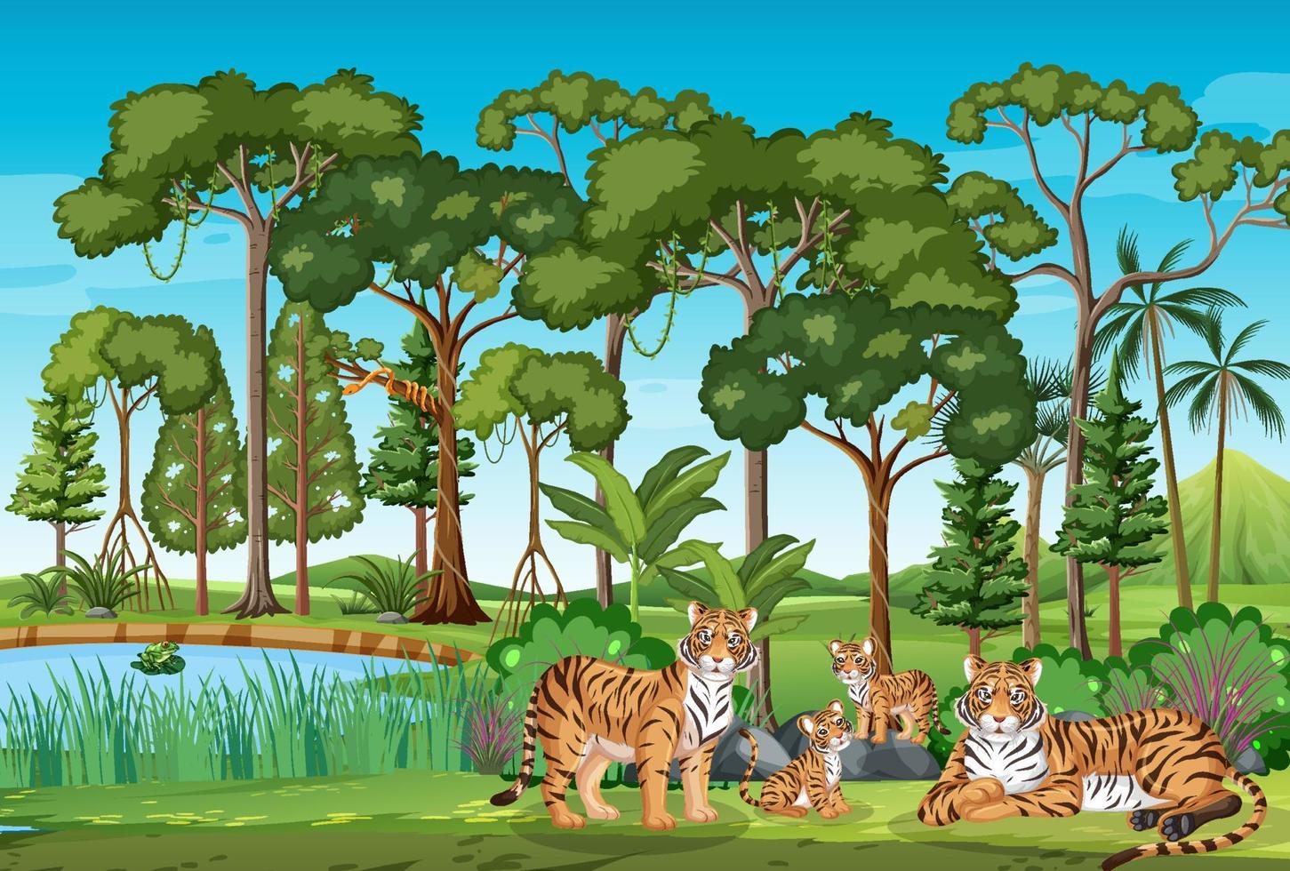 grupo de tigres que viven en el bosque vector