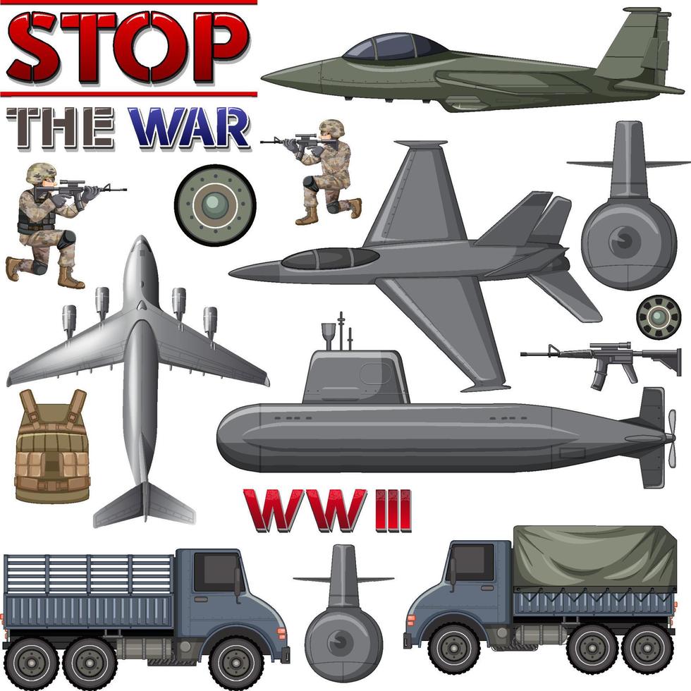 conjunto de elementos y vehículos militares vector