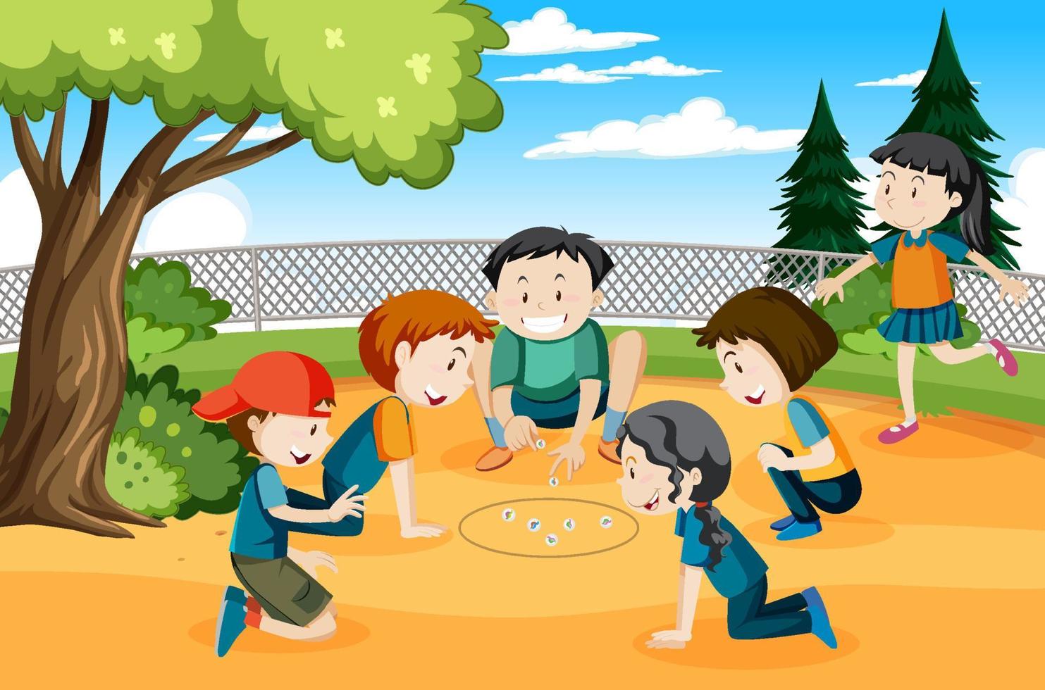 Children playing jack stones at the park vector