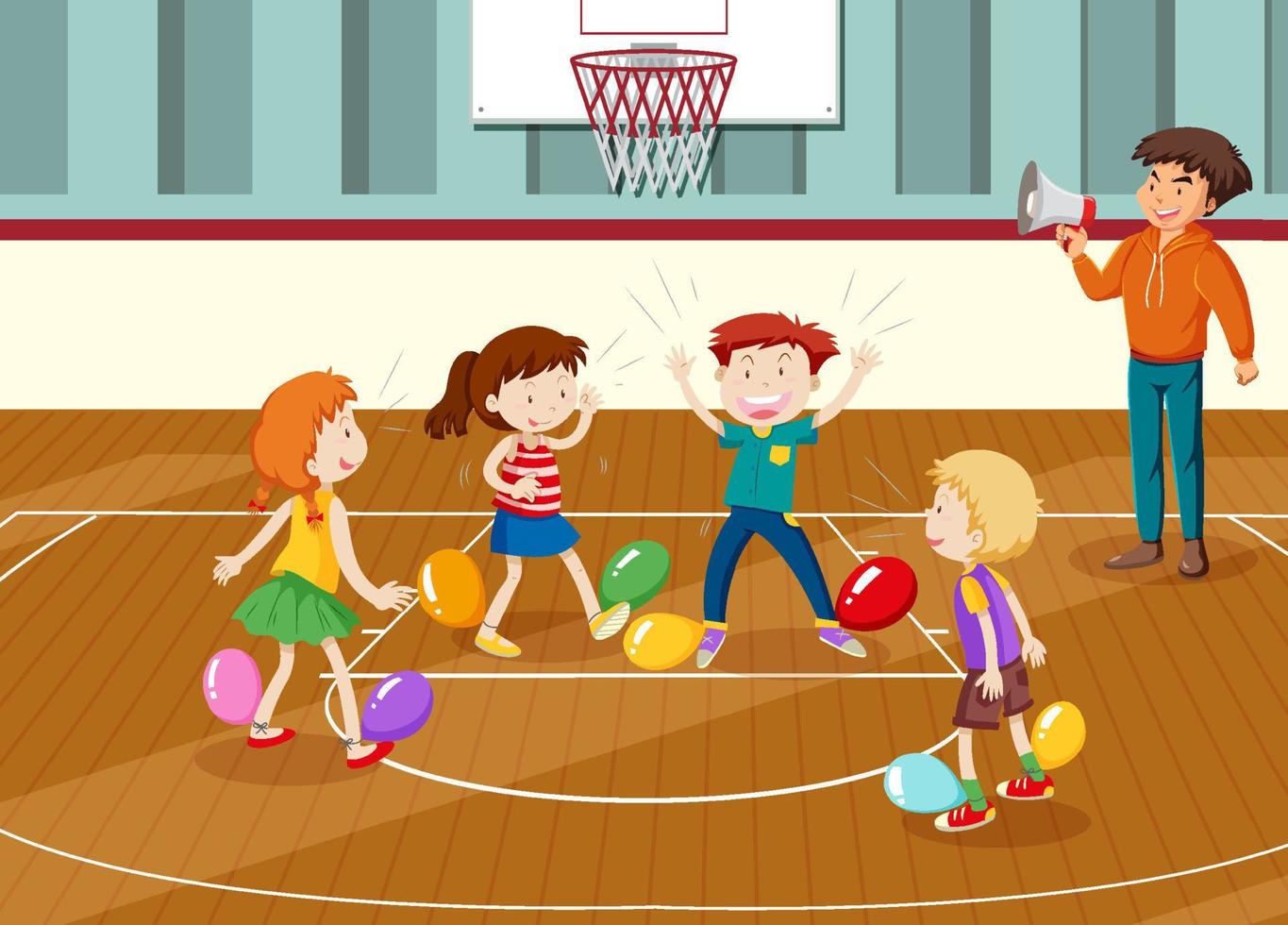 Kids doing physical activity with balloons vector