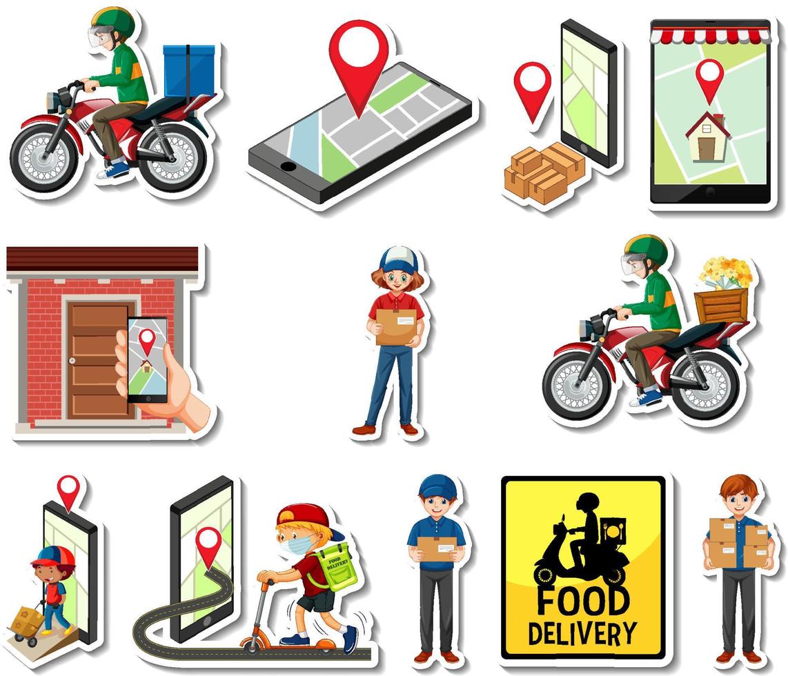 Sticker set of delivery objects and cartoon characters vector