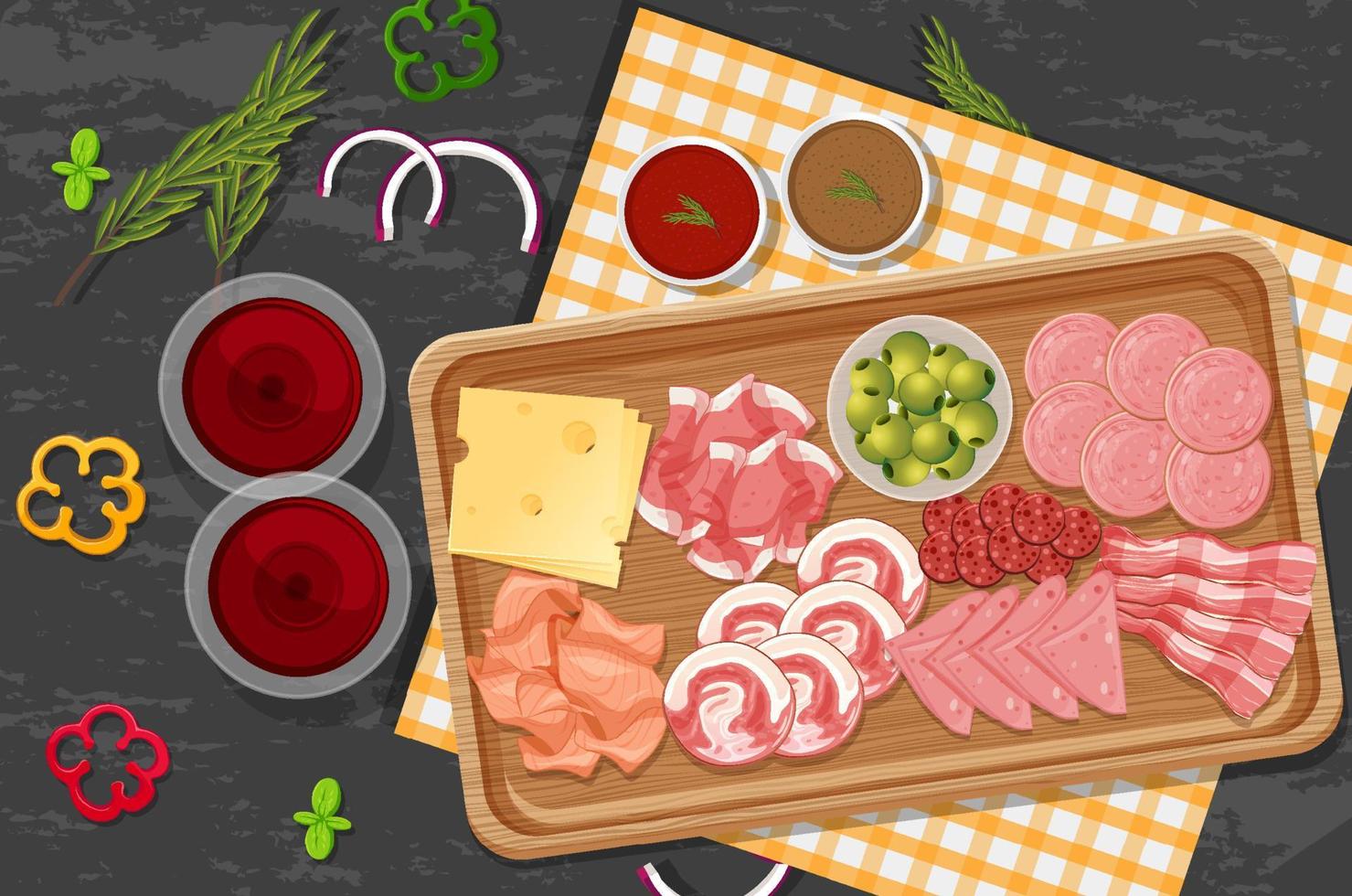 Top view of lunch meat on a wooden tray vector