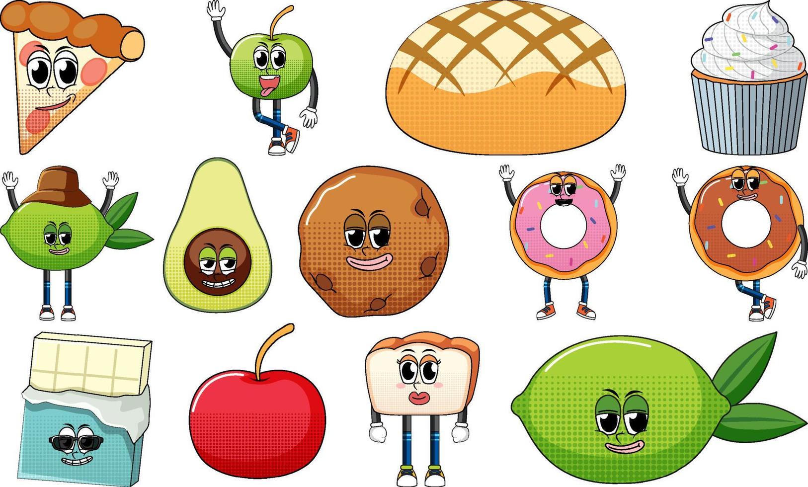 Set of facial expression with vintage style food cartoon on white background vector