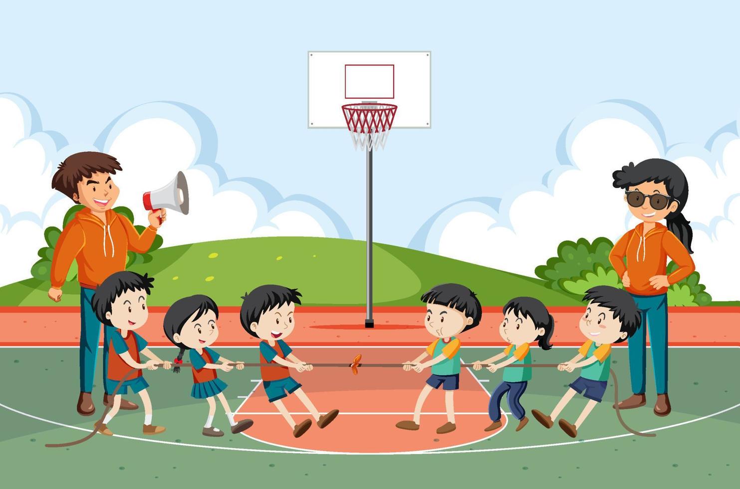 Children playing tug of war game vector
