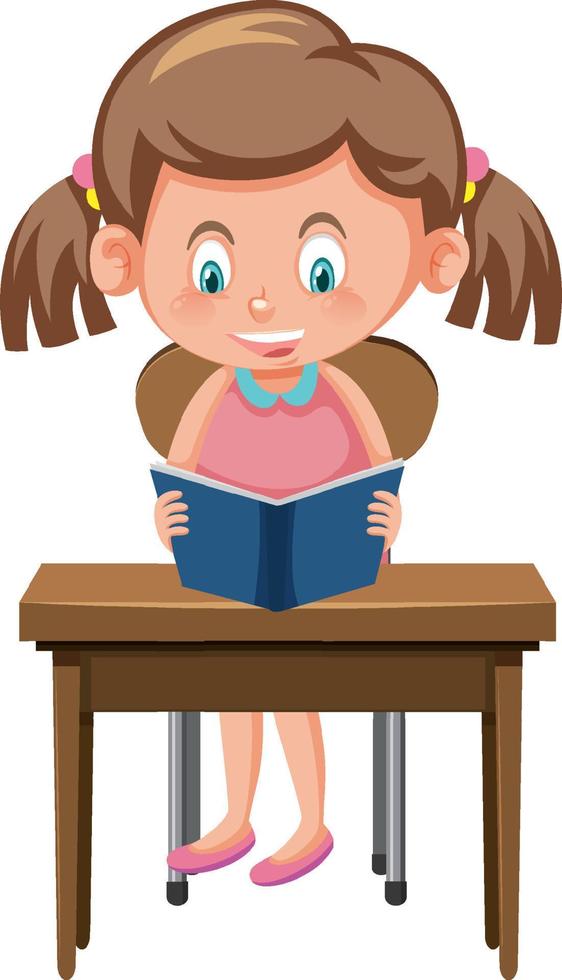 Girl reading book on school desk vector