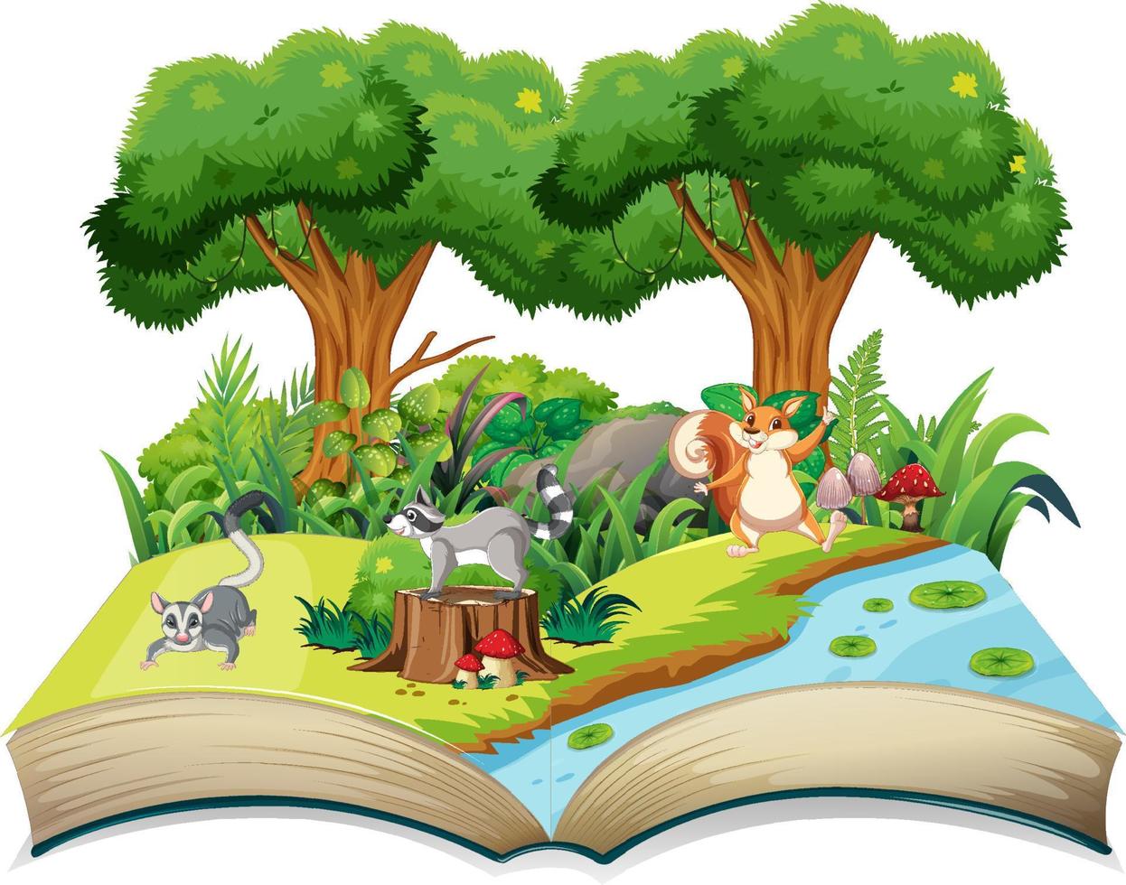 Opened fantasy book with cute animals vector