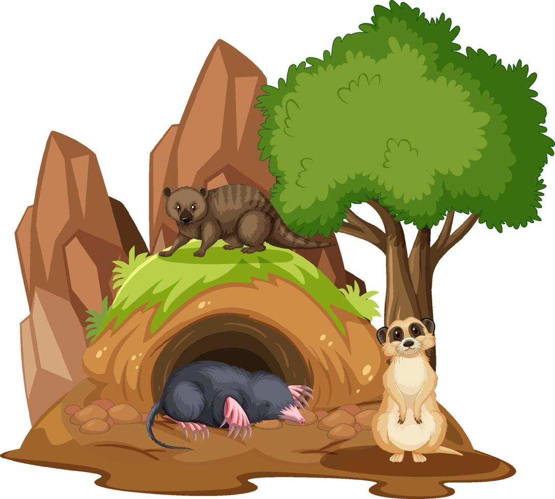 Different animals in burrow on white background vector