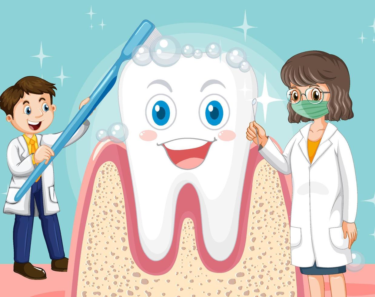 dentista feliz cepillando y cuidando un diente grande sobre fondo azul vector