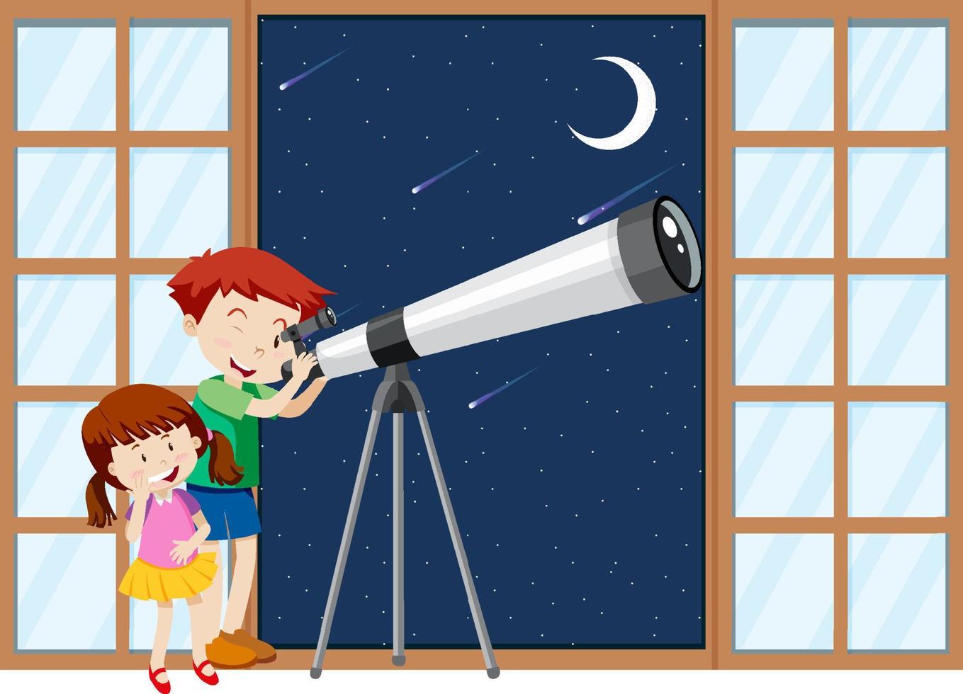 los niños observan el cielo nocturno con telescopio vector