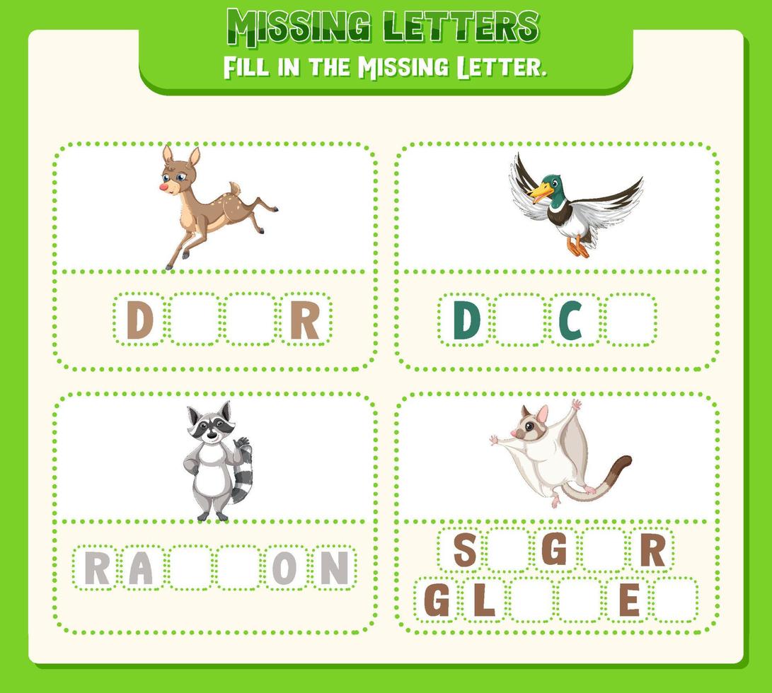 Fill the missing letter of each word worksheet for children 7190618 Vector  Art at Vecteezy