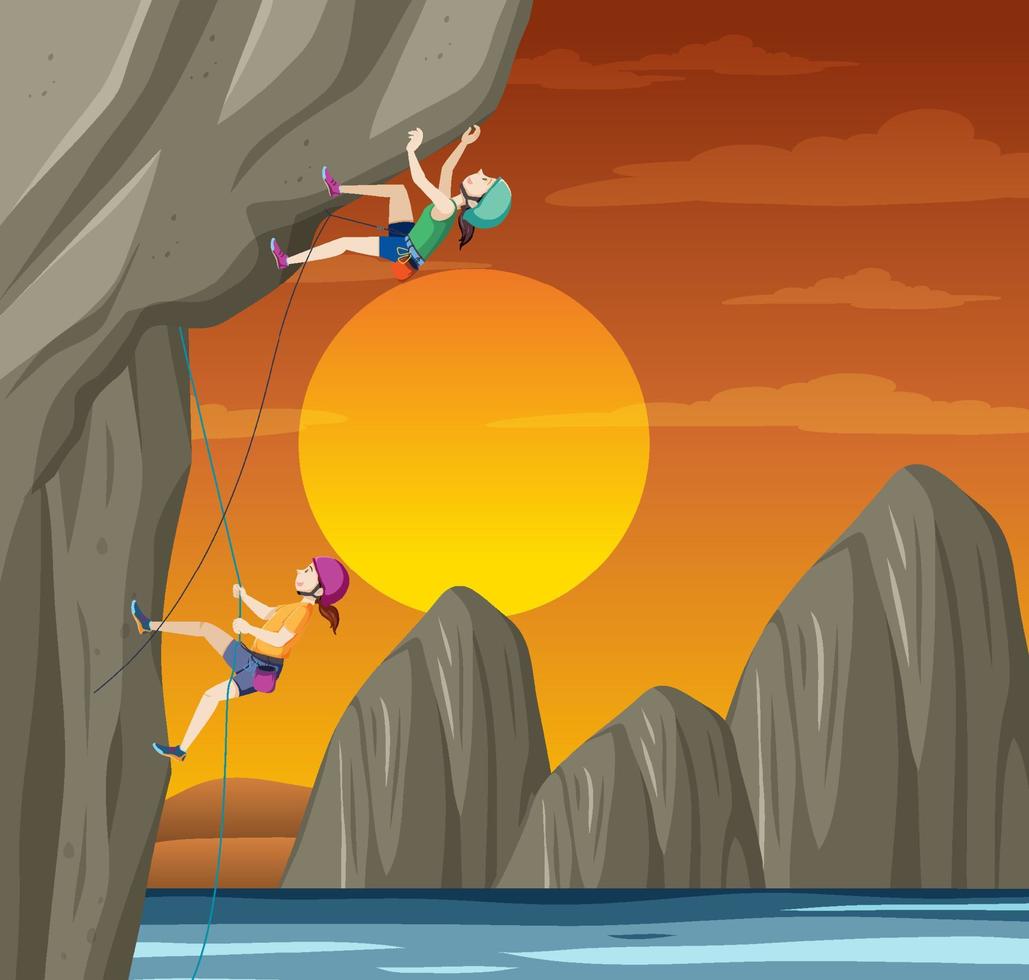 Rock climber on cliff at sunset time vector