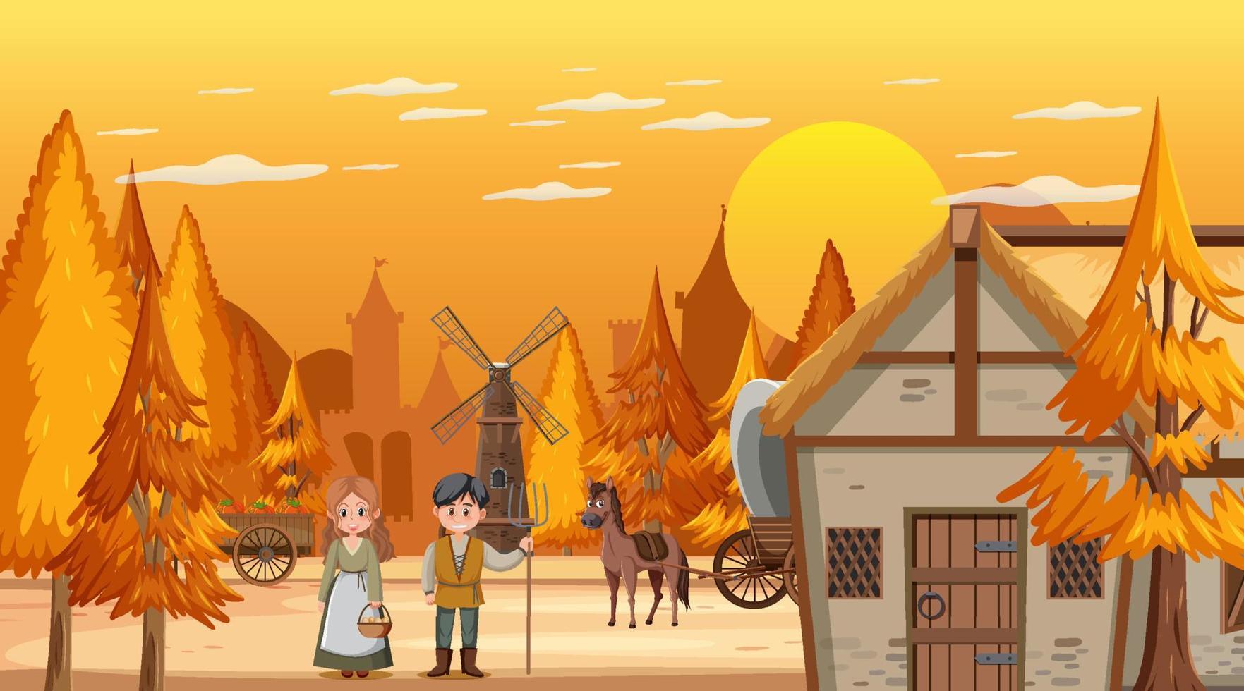 Medieval town cartoon scene with villagers vector