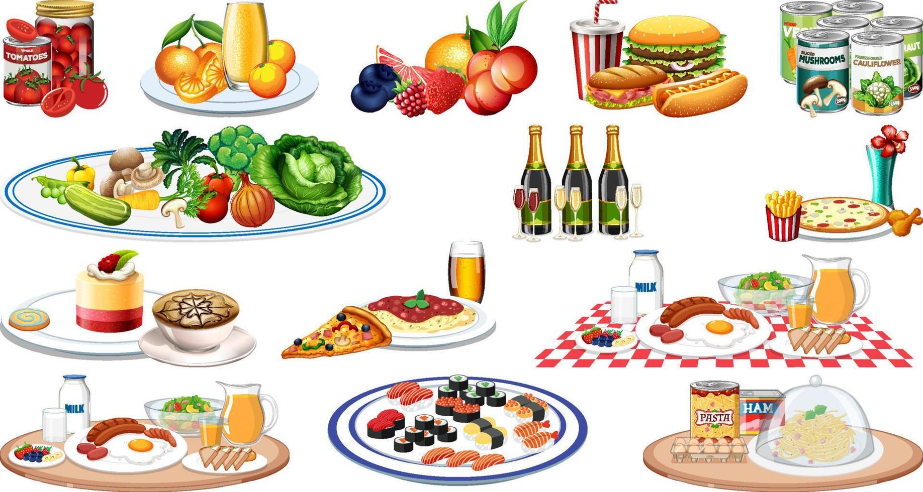 Set of different foods and beverages vector