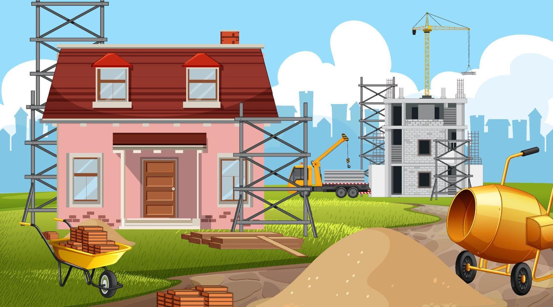 Cartoon scene of building construction site vector