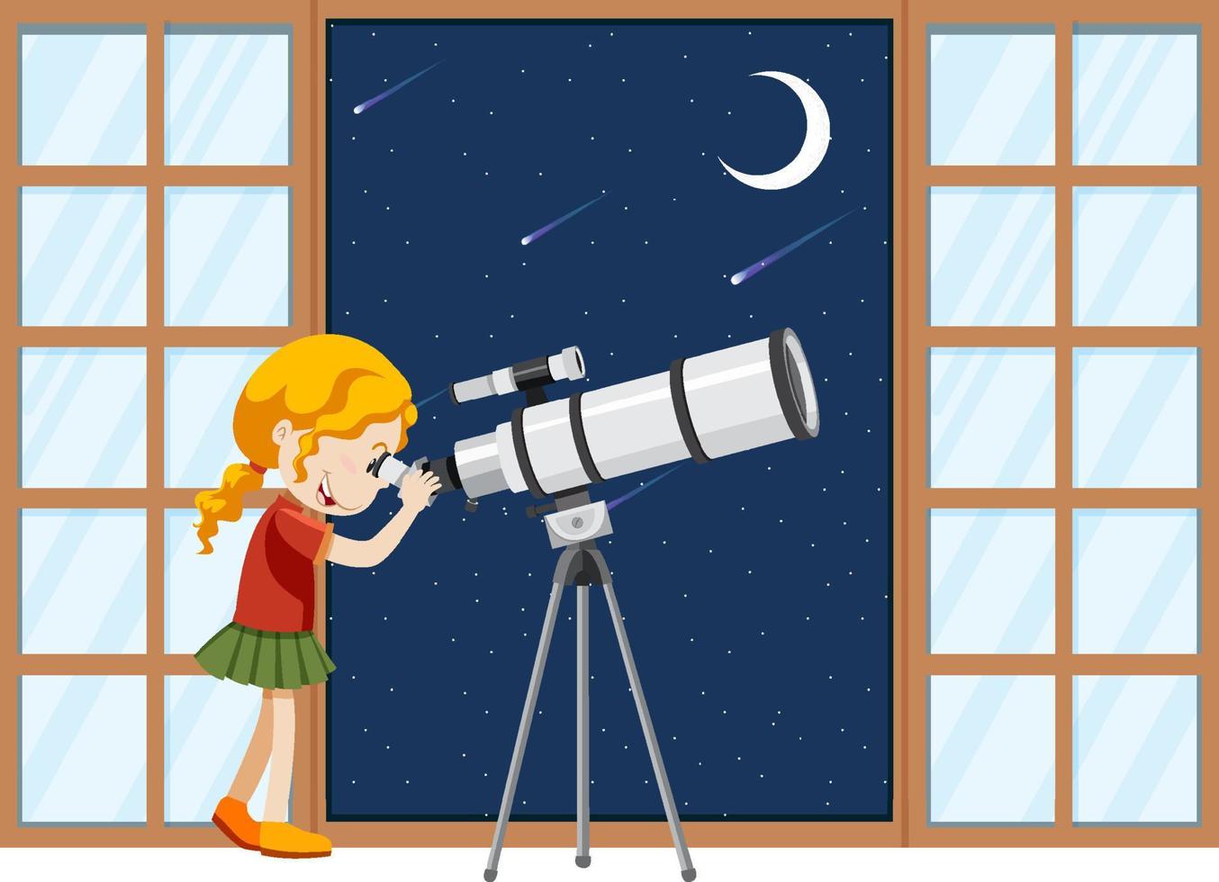 A girl observe night sky with telescope vector