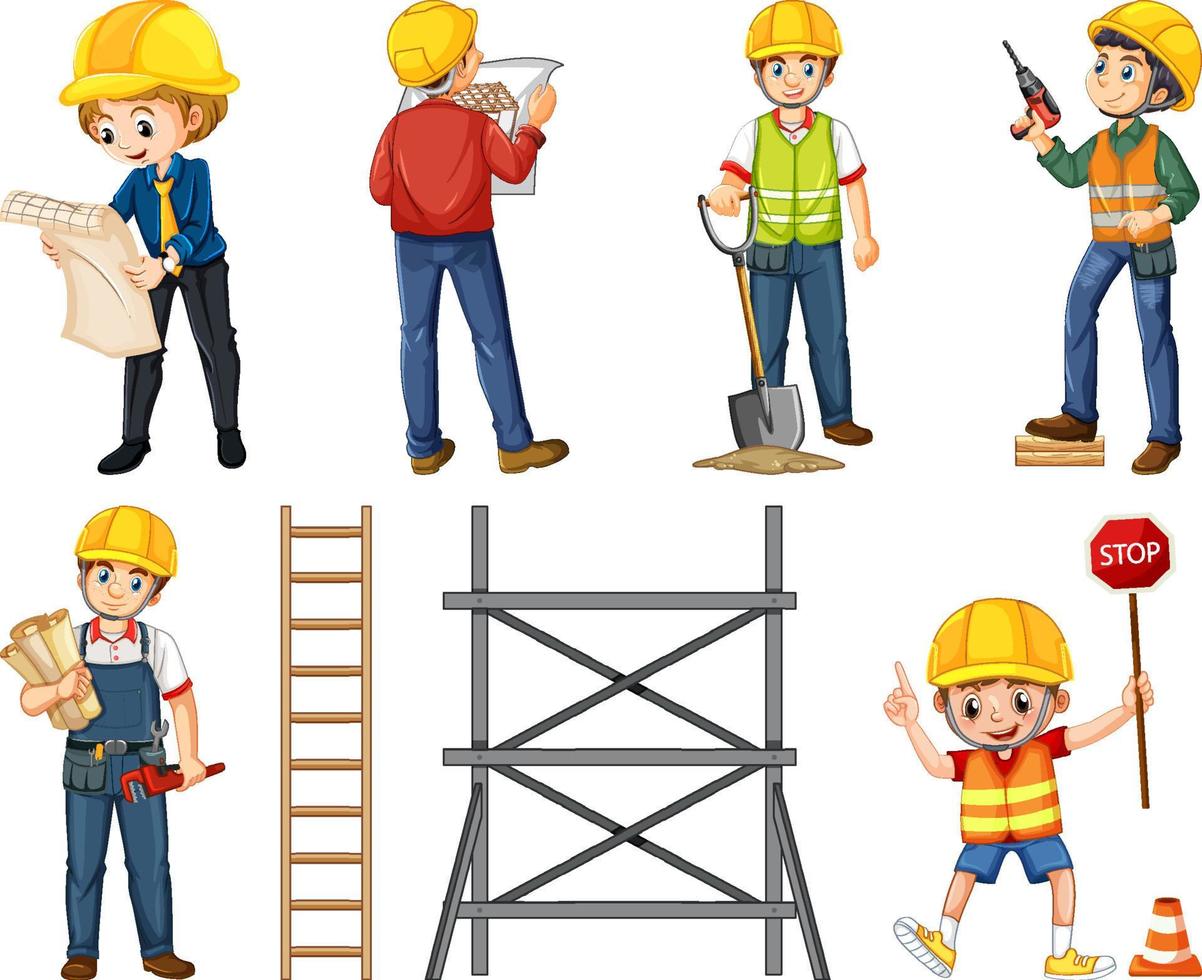 Set of construction site objects and workers vector