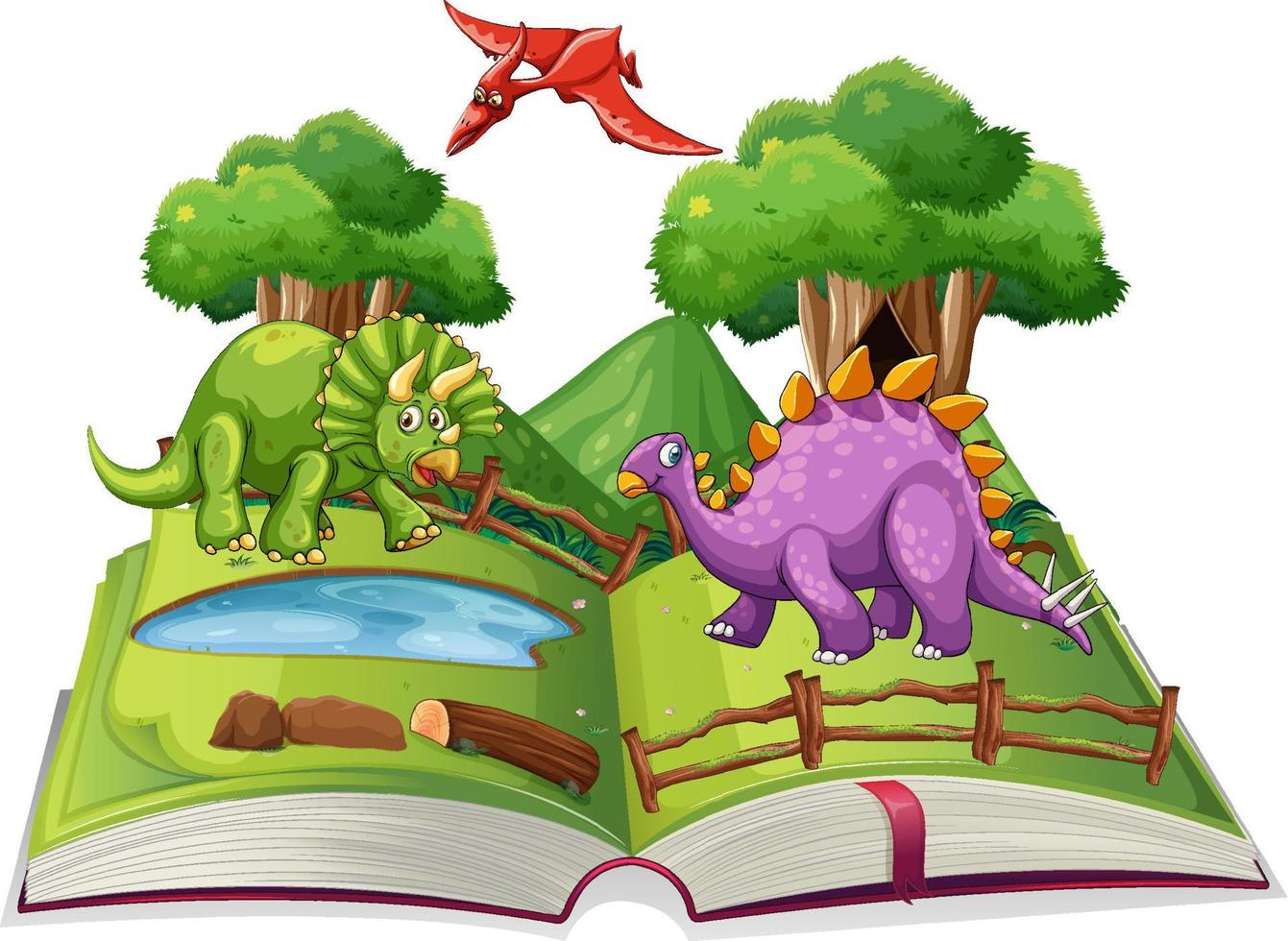 Opened book with various dinosaurs cartoon vector