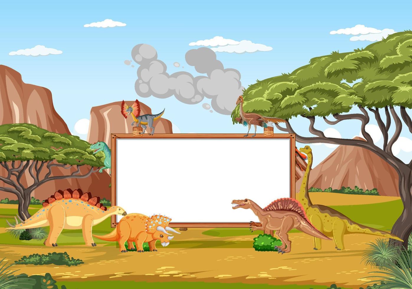 escena con dinosaurios y tablero en el campo vector