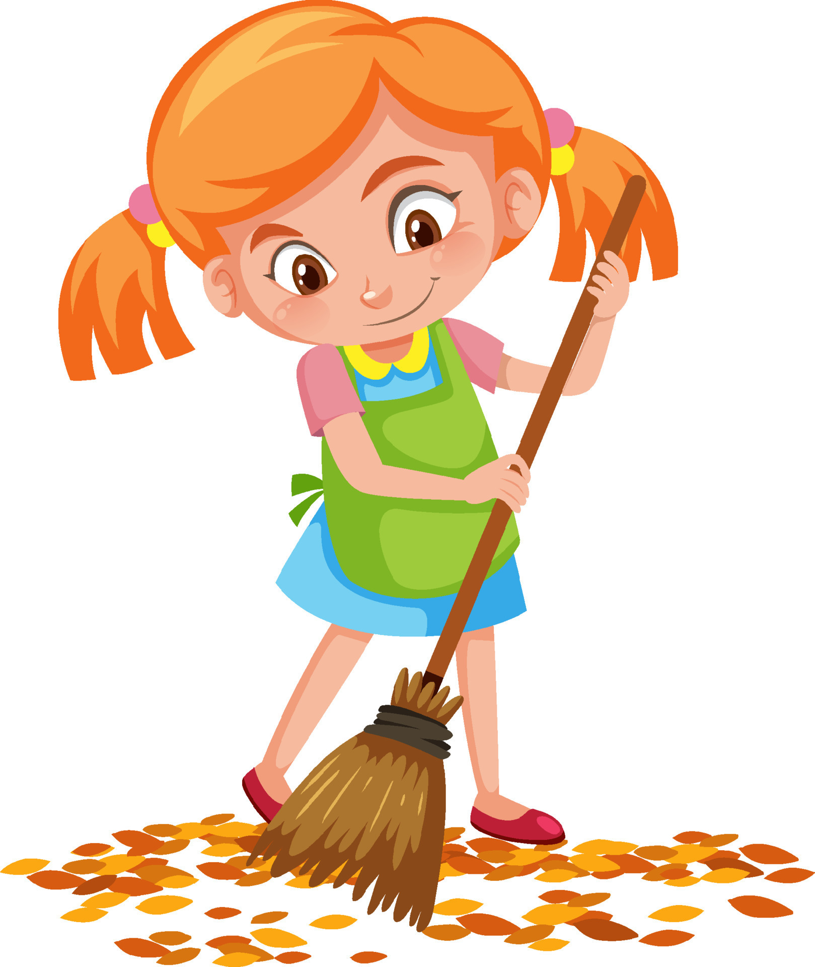 Girl Sweep The Leaves On Floor