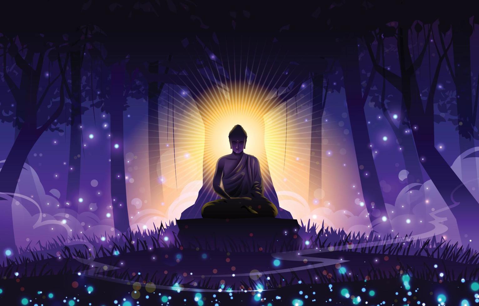 Vesak Day Background with Figure of Buddha Meditating Under the Bodhi Tree vector