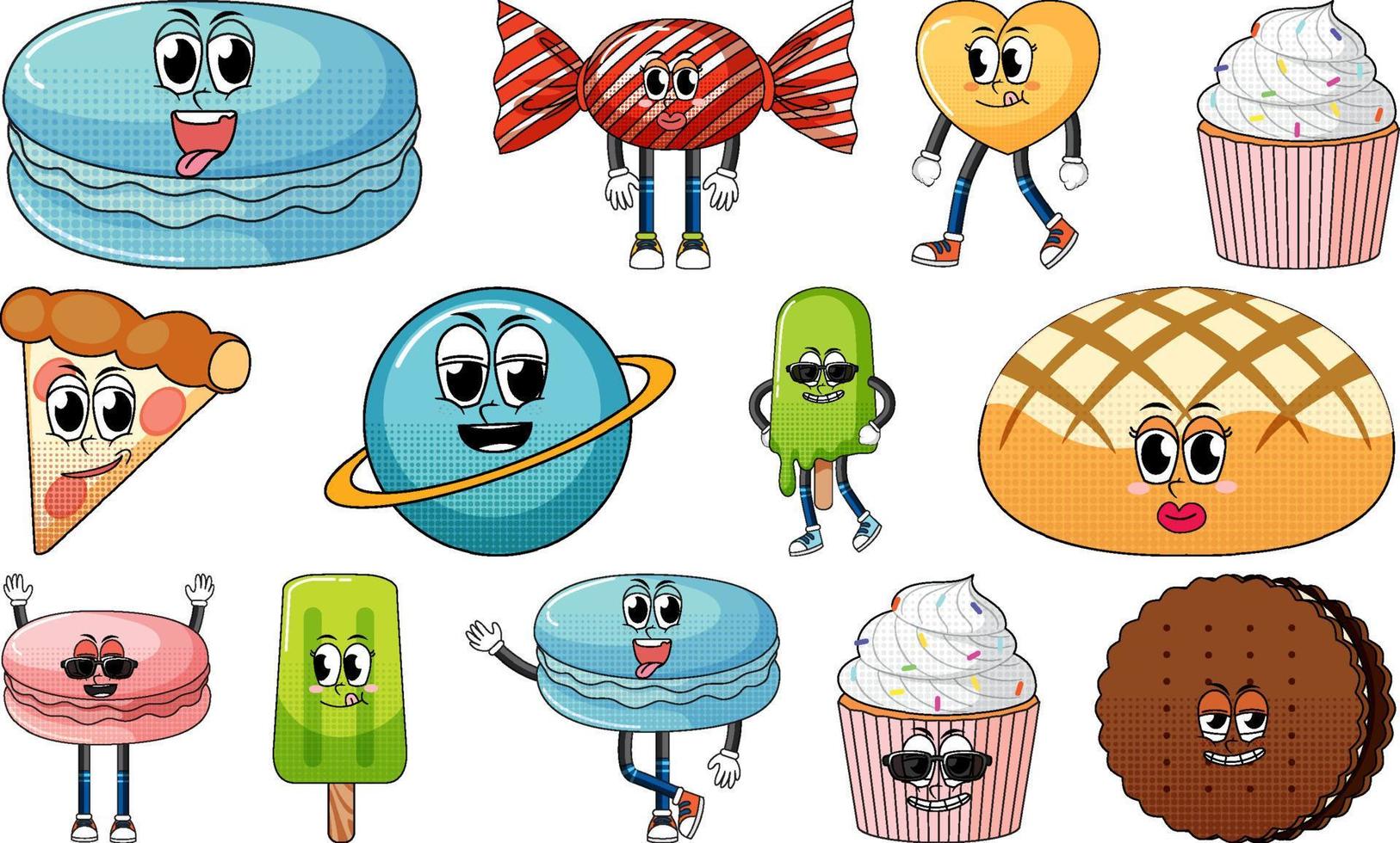 Set of facial expression with vintage style food cartoon on white background vector